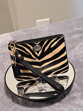 Coach Black & Cream Zebra-Print Wristlet with Gold Accents
